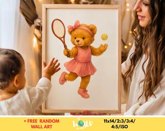 Teddybär Tennis Print: Vintage Sport Dekoration fürs Kinderzimmer (Digitaler Download)