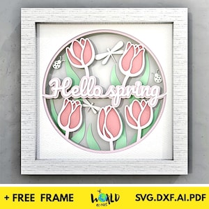 3D Hallo Frühling Schattenbox Frühling ShadowBox Home Schattenbox Kirschblüten Floral Layered Papier Art-Dateien für Cricut mit einfachen Anweisungen