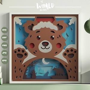 Winter Bär 3D Schatten Box SVG, lustiger Bär Weihnachtsgeschenk Weihnachten Cricut Projekt 3D Schicht SVG, für Cricut, für Silhouette