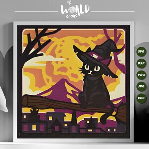 Chat sorcière ShadowBox 3D SVG, Halloween chat sorcière 3D en couches papier découpé graphiques Cricut Project 3D calque SVG, pour Cricut, pour Silhouette