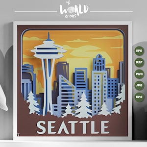 SEATTLE SKYLINE 3D Shadow box Washington Layered Cutting Files svg USA 3D per Cricut, modello di Shadow box in carta tagliata multistrato svg