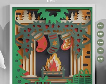 Christmas Shadow Box SVG: 3D Mantle with Stockings (Digital Download)