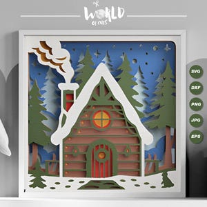 Cabin House 3D Shadow Box Paper Cut, Winter Cabin SVG Template, 3D Layered Papercut Shadow Box SVG , For Cricut File, Shadow Box Gift, DIY