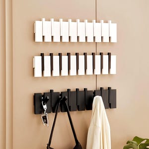 Wooden Piano Coat Rack, Piano Key Coat Hooks, Wall Mounted Clothing Hat Key Hat Rack, Flip Up Wall Hooks, Modern Minimalist Black White Rack