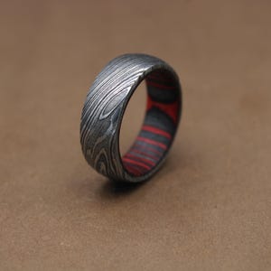Damascus Steel Ring: Whiskey Barrel Wood Inlay Wedding Band