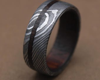 Damascus Steel Ring with Whiskey Barrel Wood Inlay