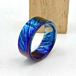 Colorful Titanium Heat Anodized Handmade Wedding band 5mm| Unique Titanium Random Pattern|Anniversary Ring Gift for Him|Flat Design 8mm Ring