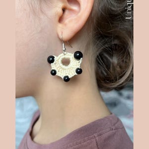 Handmade Beige and Black Crochet Earrings