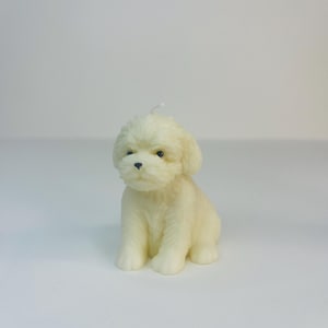 May include: A white candle shaped like a small dog sitting with its paws crossed. The candle has a realistic appearance with a fluffy texture and black eyes.