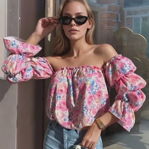 Floral Off-Shoulder Blouse: Romantic Ruffle Sleeve Cottagecore Top