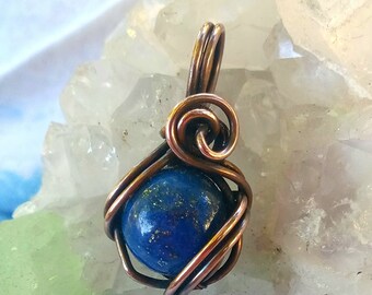 LAPIS LAZULI- Thumbnail Wire-wrapped Pendant #006 - LAPIS cabochon- Copper - 16x30 mm