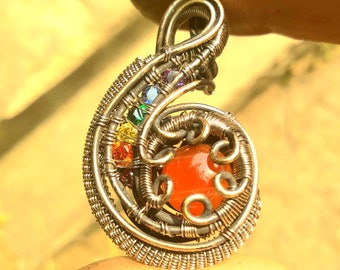 Carnelian/Zircon Wire-wrapped Pendant- Bronze-Stainless Steel