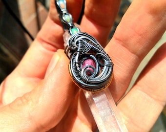 Ethiopian Opal / Star Garnet / Quartz Crystal Point - Wire-wrapped Pendant - .925 Silver and 14k Gold-filled wires