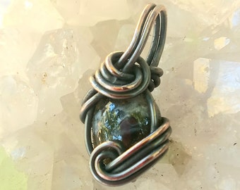 MERLINITE- Thumbnail Wire-wrapped Pendant- Psilomene in Chalcedony - Copper