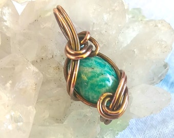 AMAZONITE- Thumbnail Wire-wrapped Pendant #011 - Hand-cut Cabochon- Aged Copper