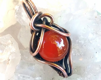 CARNELIAN - Thumbnail Wire-wrapped Pendant #012 - Copper - 1"