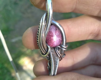 Star Ruby- Wire wrapped Pendant - Sterling Silver /Copper- 6-ray Star Ruby