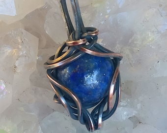 LAPIS LAZULI- Thumbnail Wire-wrapped Pendant- Lapis cabochon in Copper