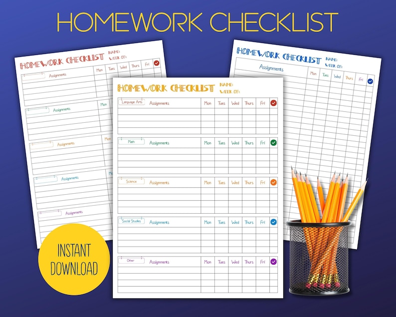 Homework Checklist Elementary School, Kids Homework Tracker, Printable ...