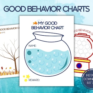 Może przedstawiać: Trzy drukowane wykresy dobrego zachowania z tekstem "GOOD BEHAVIOR CHARTS". Jeden wykres przedstawia wzór akwarium, drugi automat do gumy do żucia, a trzeci drzewo. Wykresy mają wymiary 21,59 cm x 27,94 cm i są dostępne do natychmiastowego pobrania.