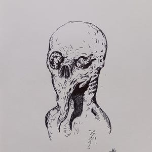 May include: A black and white pen and ink illustration of a grotesque, alien-like figure. The creature has a large, textured head, with prominent eye sockets and a long, drooping appendage. The artwork is detailed and has a slightly unsettling aesthetic.