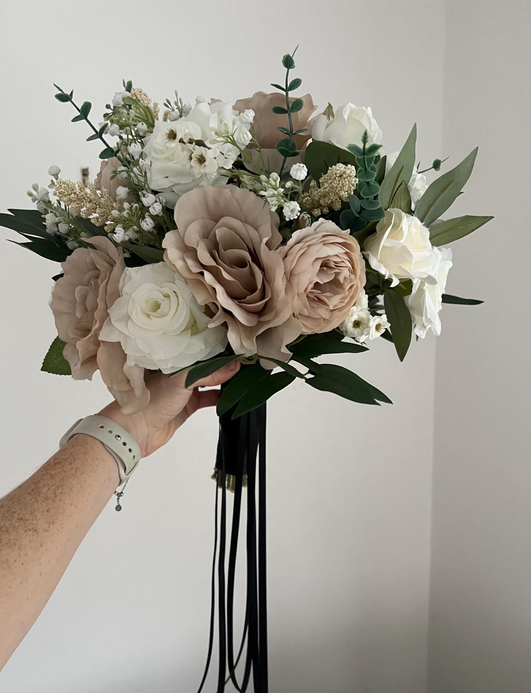 Mochia Roses Artificial White and Soft Mocha Bouquet: Classic Rose Wedding Flowers ...