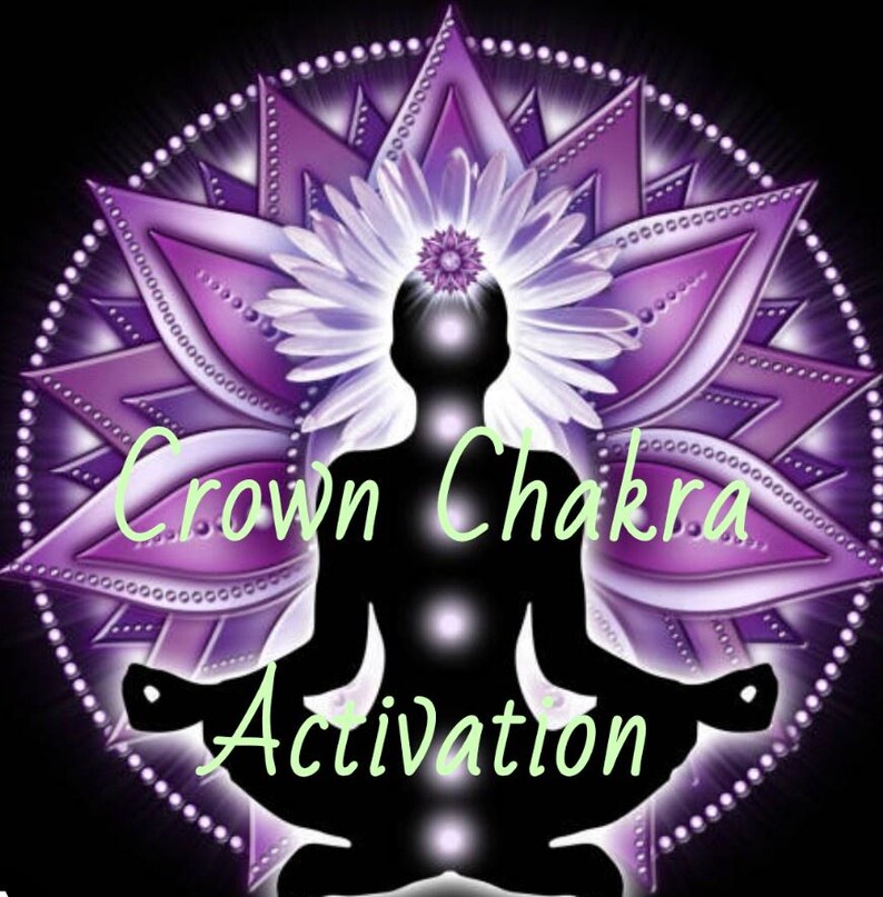 Puede incluir: Ilustraci&oacute;n de una silueta meditando con puntos de chakra brillantes. El fondo muestra un dise&ntilde;o de flor de loto p&uacute;rpura con un centro blanco. El texto "Crown Chakra Activation" est&aacute; escrito en verde claro.