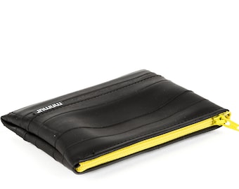 Recycled inner tube pouch with yellow zipper. Vegan coin purse handmade in Italy. Cycle Wallet Gift.