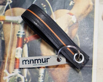 Recycled Bike Tube Keychain – Black with Orange Stripe • Eco-Friendly Upcycled Accessory • Made in Italy