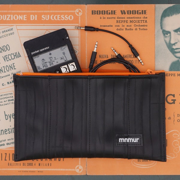 Pencil Case made from recycled bicycle inner tubes with orange zipper. Durable, Waterproof, Up-cycled. Pocket Operator's enthusiast gift.