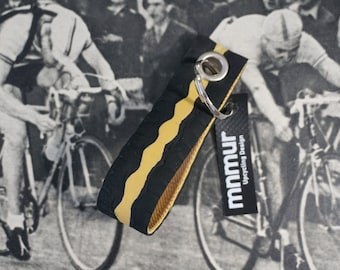 Unique Keychain made from up-cycled racing bike tires // Black and yellow keyfob // Recycled tire keyring // Bike lover gift