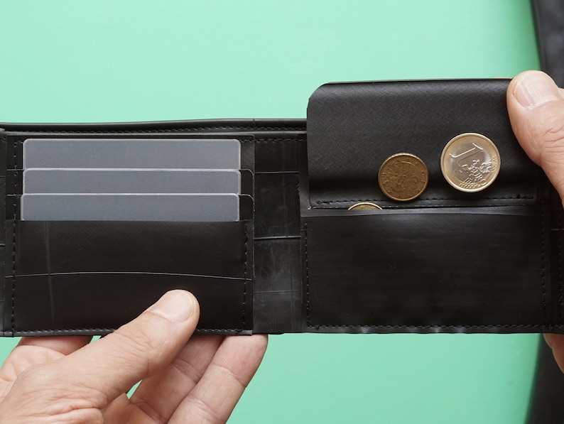 Slim Wallet for men, limited edition. Handmade from bike tubes. Holds coins, cards and notes. Functional and very durable.