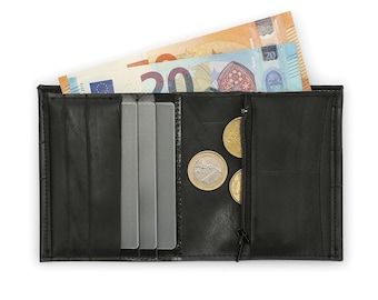 Vertical wallet with coin pouch made from recycled bicycle inner tube.