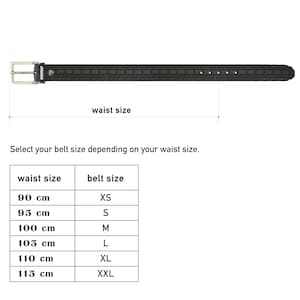 May include: A size chart for a belt made from recycled tire material. The chart shows waist sizes in centimeters and corresponding belt sizes in XS, S, M, L, XL, and XXL.