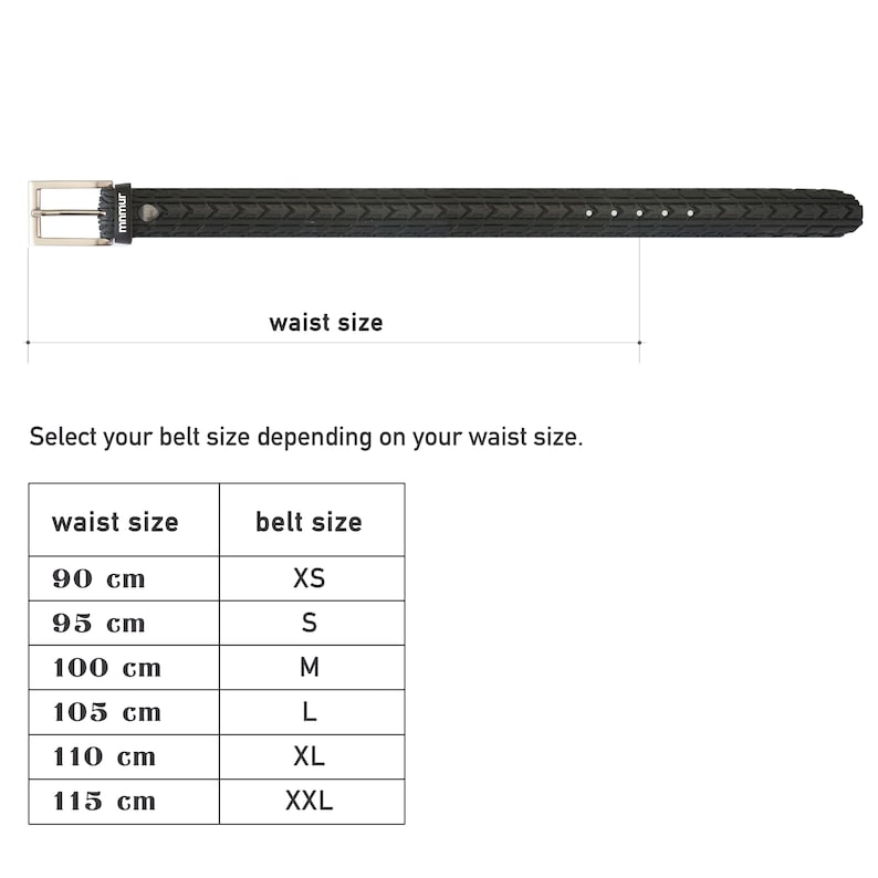 May include: A size chart for a belt made from recycled tire material. The chart shows waist sizes in centimeters and corresponding belt sizes in XS, S, M, L, XL, and XXL.