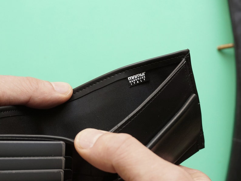 Slim Wallet for men, limited edition. Handmade from bike tubes. Holds coins, cards and notes. Functional and very durable.