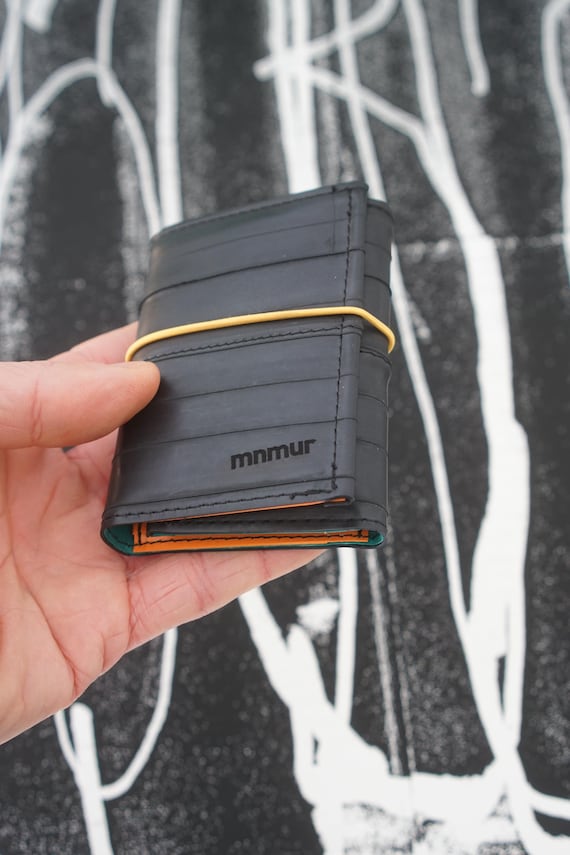 Recycled Bike Tube Trifold Wallet, Yellow Elastic Closure, Slim Card Holder