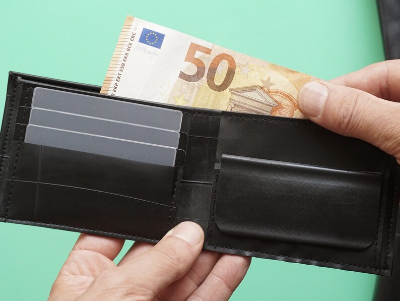 Slim Wallet for men, limited edition. Handmade from bike tubes. Holds coins, cards and notes. Functional and very durable.