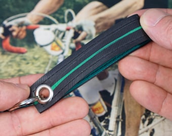 Recycled Bike Tube Keychain – Black with Green Stripe • Eco-Friendly Upcycled Accessory • Made in Italy
