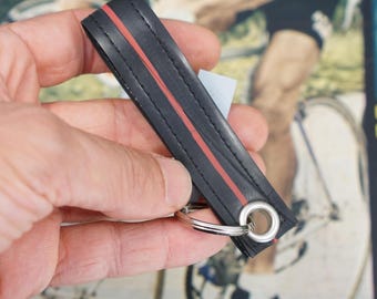 Recycled Bike Tube Keychain – Black with Orange Stripe • Eco-Friendly Upcycled Accessory • Made in Italy