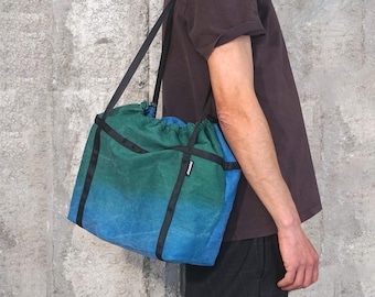 Upcycled Awning Tote Bag, Sun-Faded Color Block Canvas Crossbody Sack