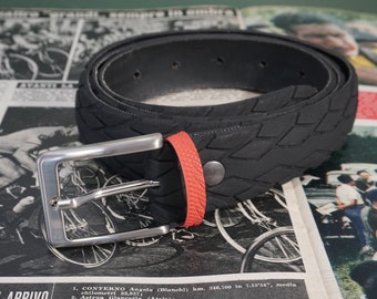 Recycled tire belt. Vegan belt for men. Black color with red loop.Bike lover gift idea.