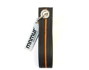 Recycled Bike Tube Keychain – Black with Orange Stripe • Eco-Friendly Upcycled Accessory • Made in Italy