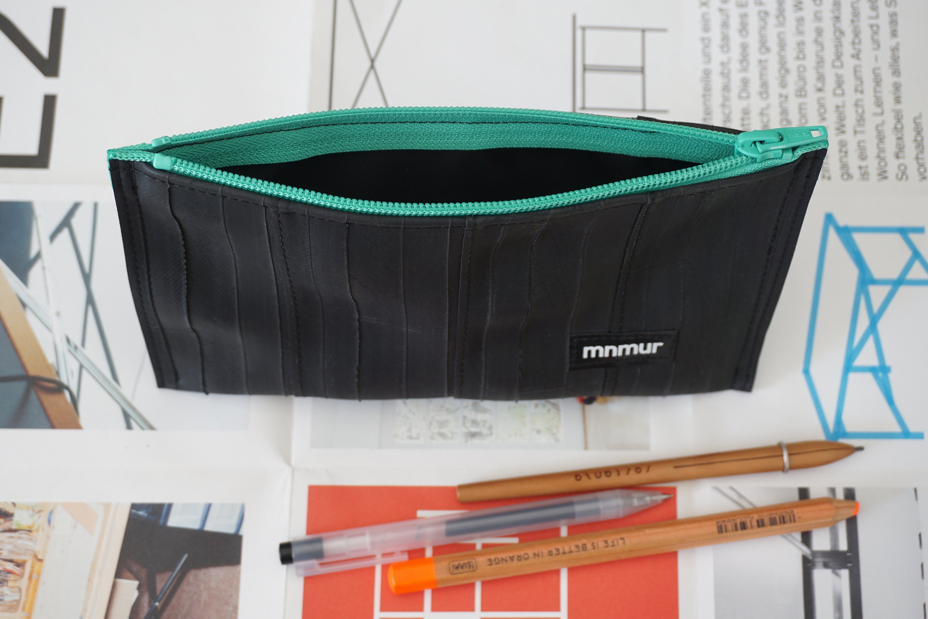 Pencil Case made from recycled bicycle inner tubes with green zipper. Durable, Waterproof, Up-cycled. Architect gift idea.