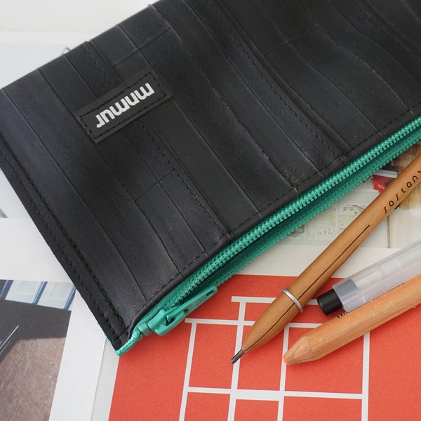 Pencil Case made from recycled bicycle inner tubes with green zipper. Durable, Waterproof, Up-cycled. Architect gift idea.