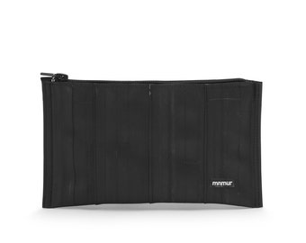 Large black  zipper pouch made from recycled bicycle inner tubes.