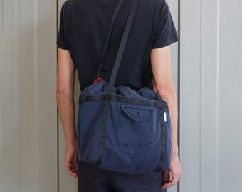 Shoulder Bag, Upcycled Workwear Jacket, Blue Canvas, Crossbody Sack