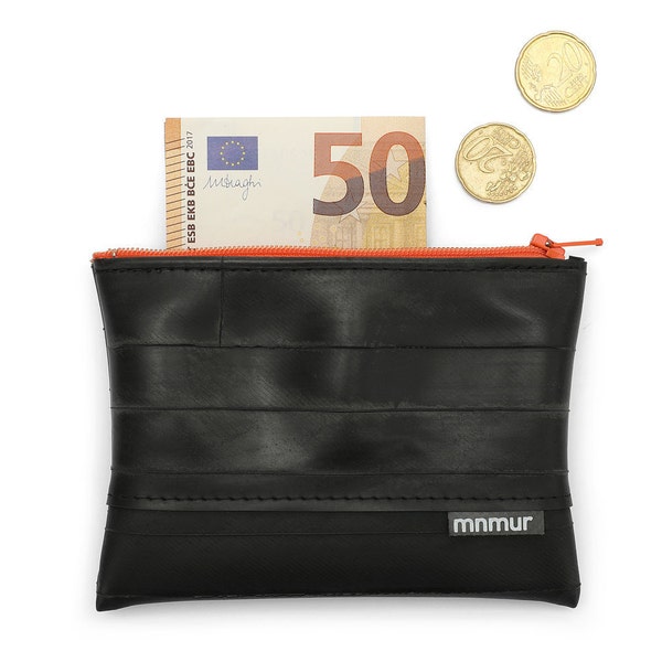 Recycled inner tube pouch with burnt orange zipper.  Vegan coin purse handmade in Italy. Cycle Wallet.