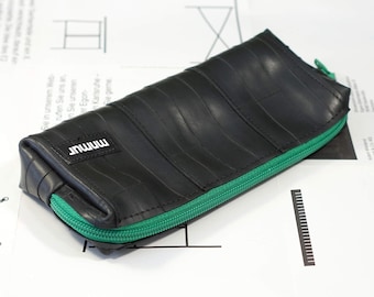 Upcycled Bike Inner Tube Pencil Case with Green | Handmade Eco-Friendly Pouch