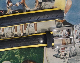 Recycled tire belt handmade in Italy. Yellow and Black belt for men. Bike lover gift idea.